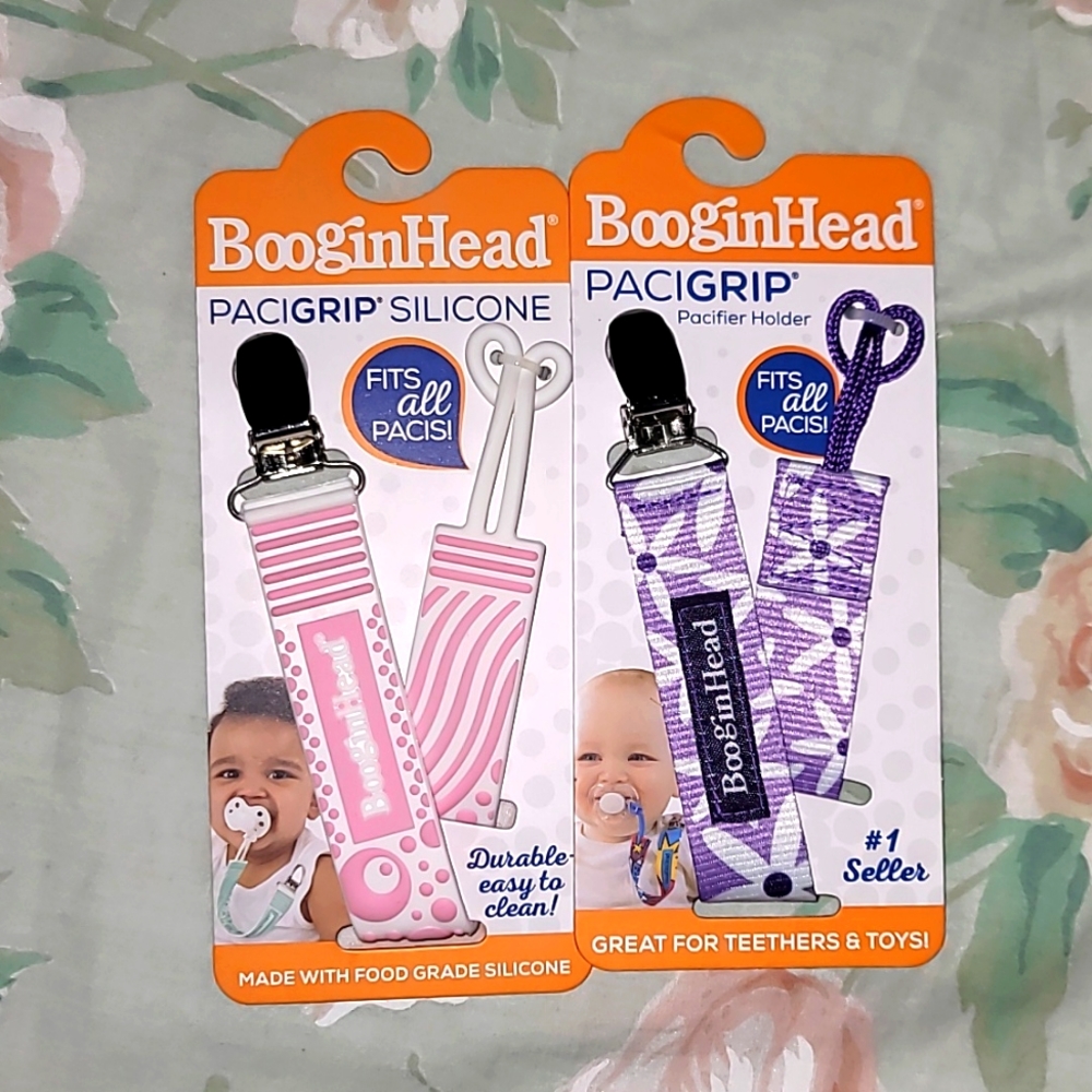 Booginhead pacigrip silicone pink & fabric daisy print purple pacifier holder
